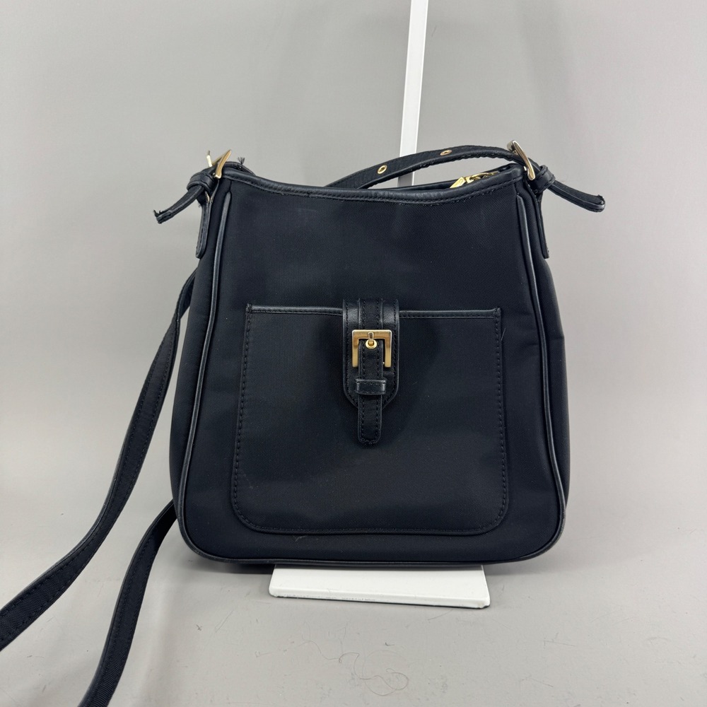 Talbots Womens Crossbody Bag Black Nylon Leather Trim Gold Buckle Pocket Small
